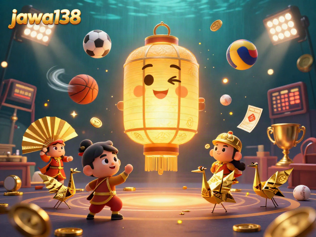 Win big with jawa138 at a vibrant casino scene featuring enchanted lanterns and sports elements.