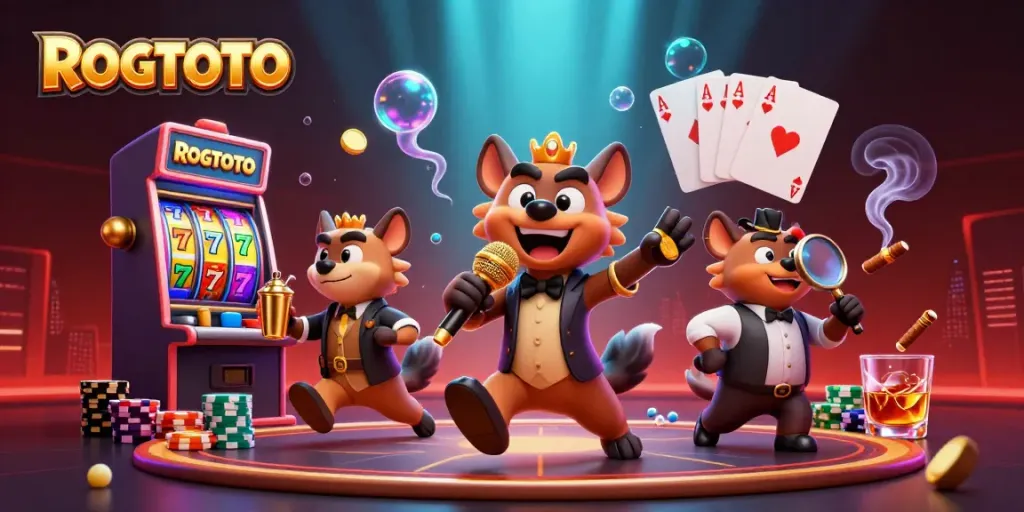 ROGTOTO menghadirkan suasana kasino virtual penuh warna dengan karakter lucu dan slot mesin berputar.