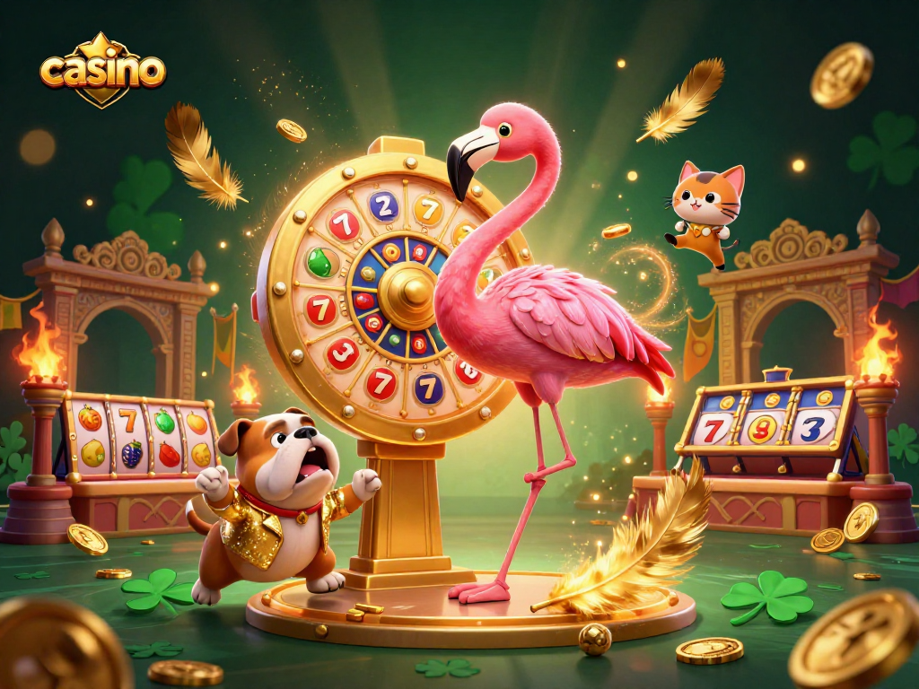 Engage with thrilling casino action featuring a flamingo game show host and bulldog contestant.