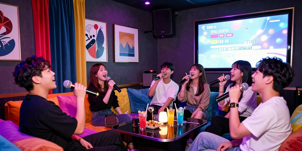 Experience the excitement of 강남가라오케 as friends sing passionately in a lively karaoke venue with vibrant lighting and stylish decor