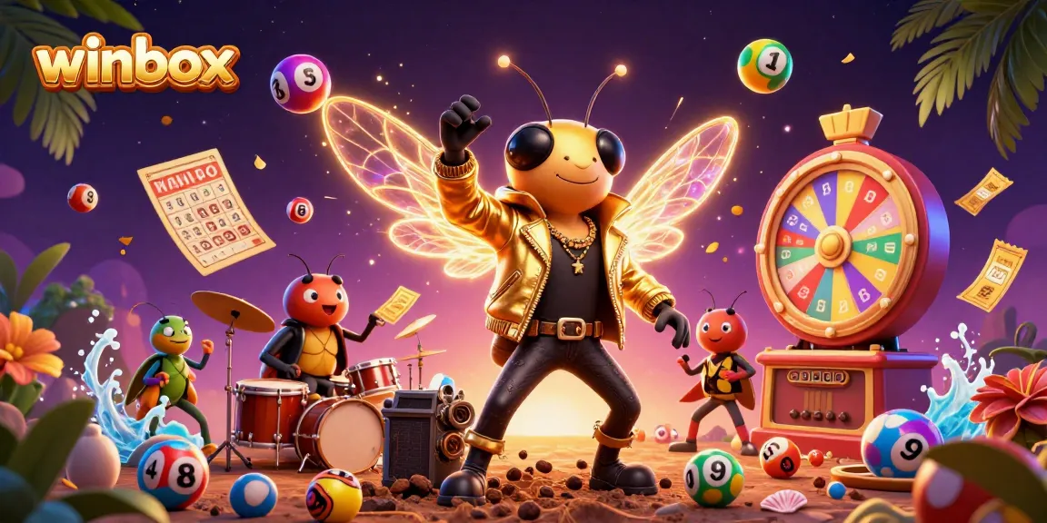 Winbox offers dynamic lottery action with a vibrant casino vibe featuring 3D characters, colorful balls, and golden game elements.