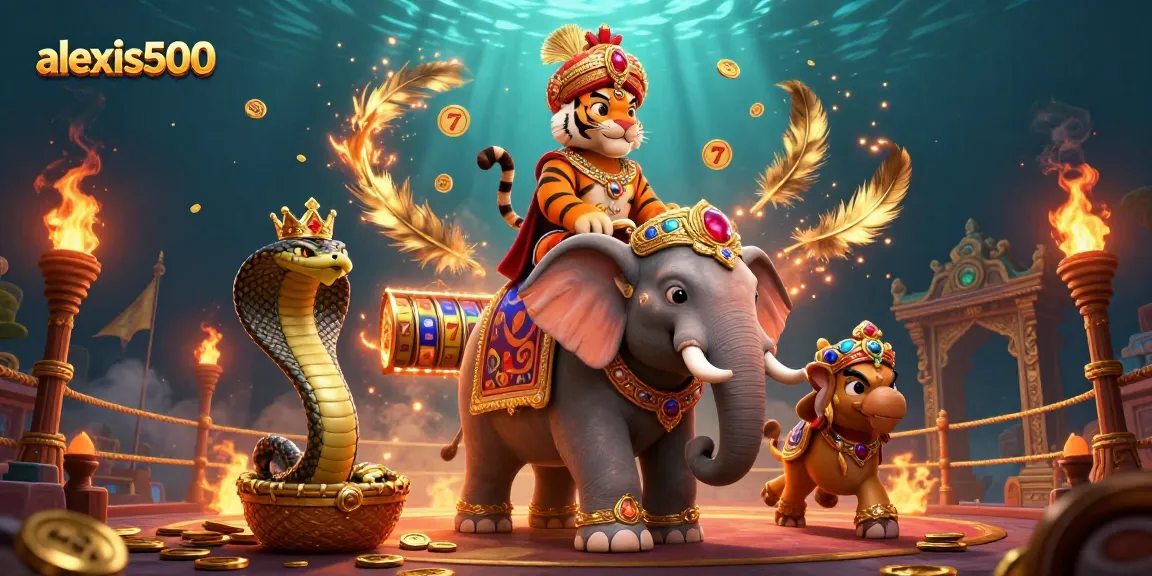 Experience thrilling gameplay with alexis500 featuring a majestic maharaja tiger and jeweled elephant in a vibrant casino setting.