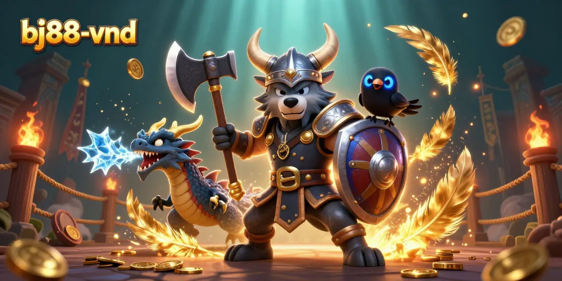 Engage with the thrilling scene at bj88-vnd featuring an epic Viking wolf warrior, a fierce dragon, and dazzling casino elements.