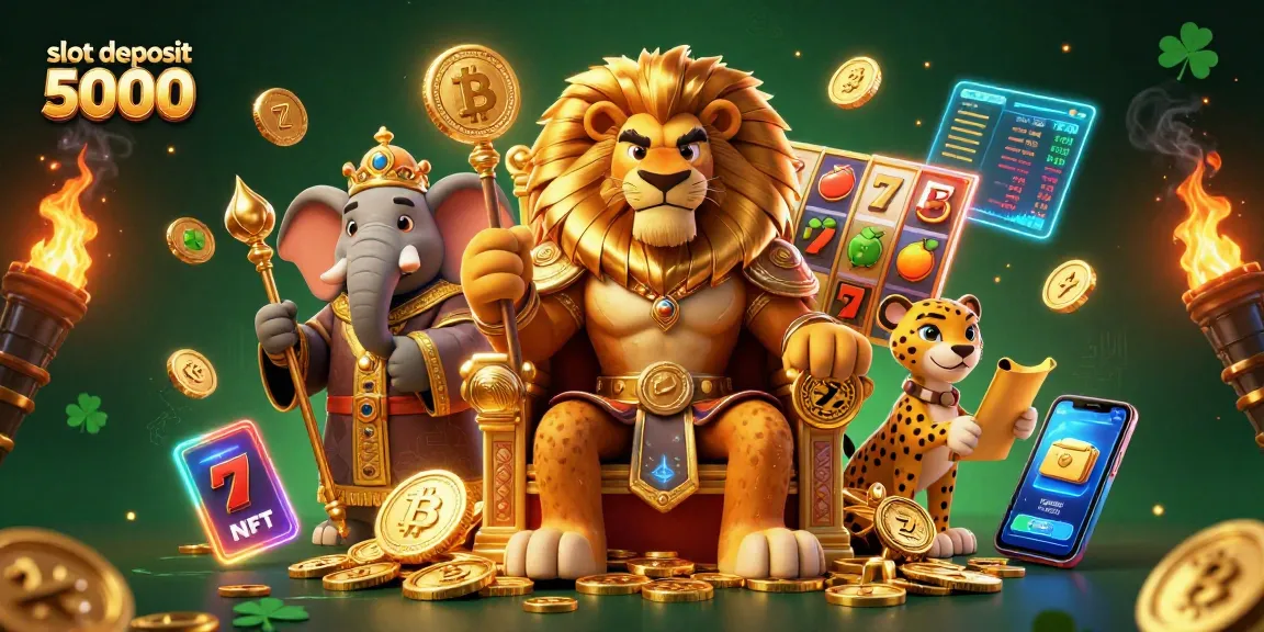 Mainkan slot deposit 5000 dengan karakter raja singa, gajah, dan cheetah di latar belakang hijau emerald