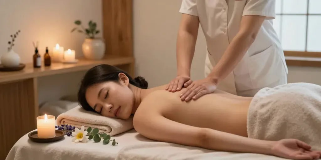 Tranquil massage scene depicting a client receiving spa therapy for 일산출장마사지 in a serene environment.