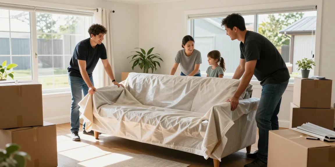 Furniture movers Tauranga wrapping a sofa in a bright living room.