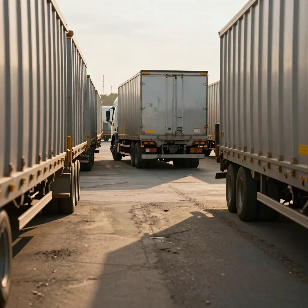 Freight yard corridor with one matched loaded trailer among waiting chassis in warm evening light