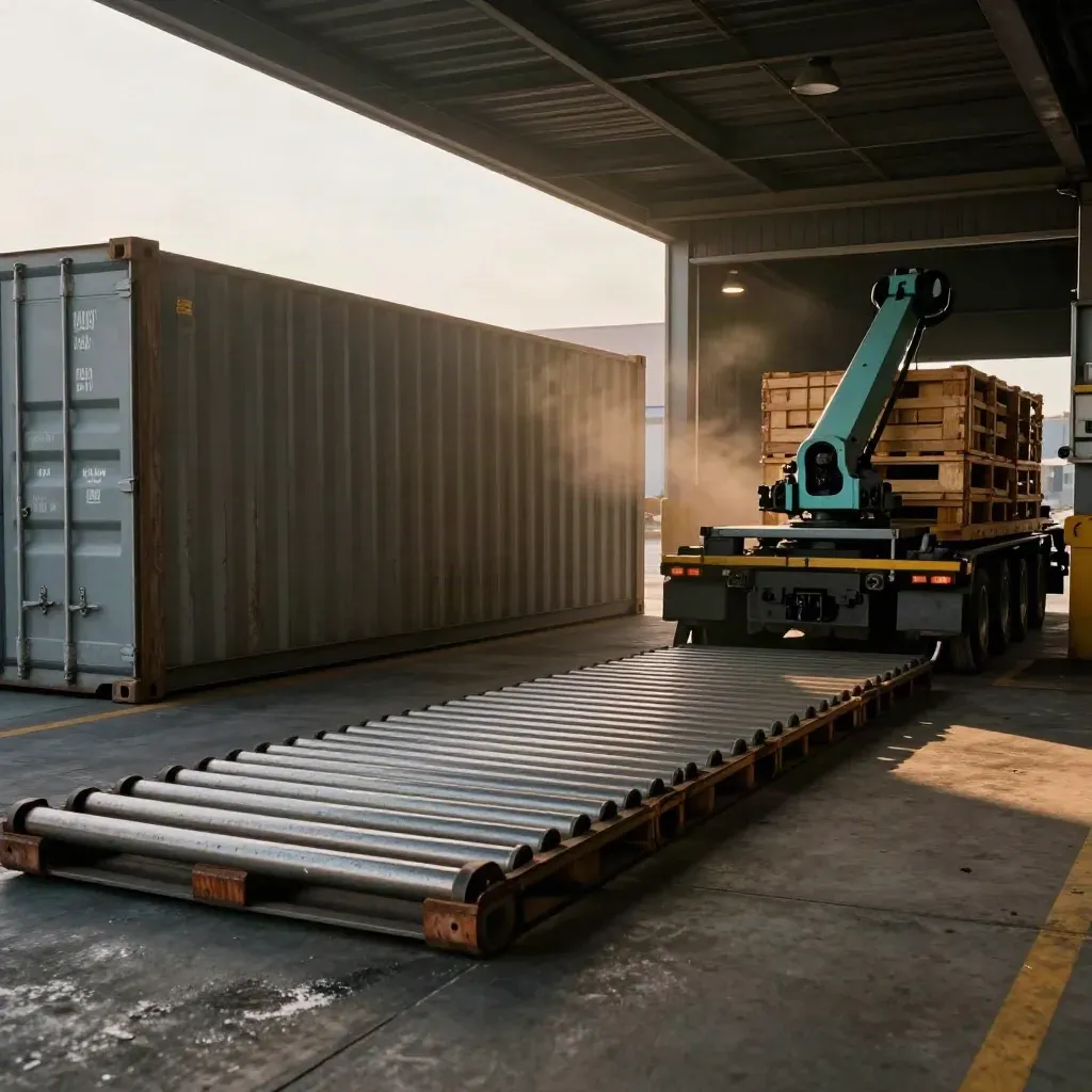 Sealed container, airfreight crates, and road trailer under a lit terminal canopy.