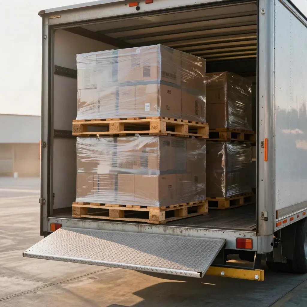 Half-full LTL trailer bay with staggered shrink-wrapped pallets and dock plate