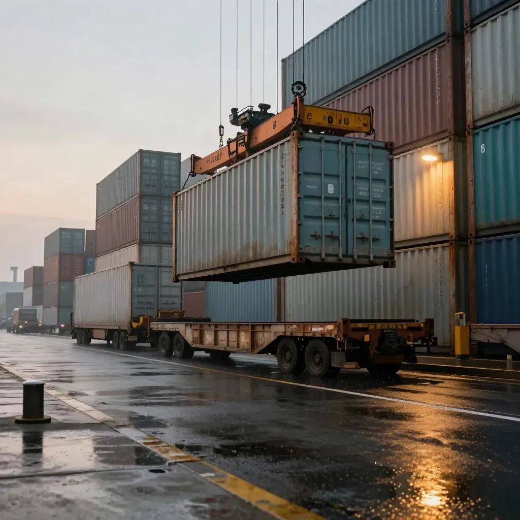 Wet freight terminal with crane lowering a container beside trailers at dusk