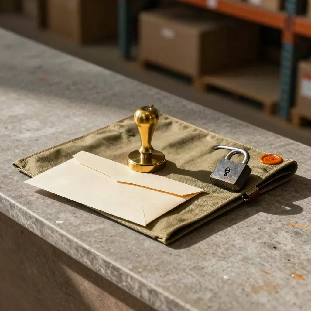 Customs release kit on stone with brass press, pouch, envelope, and cargo lock
