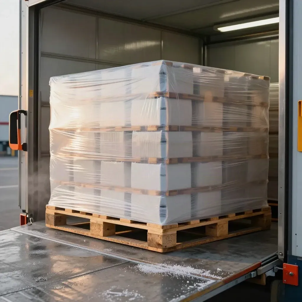 Shrink-wrapped food pallets in a refrigerated dock with frosty vapor and orange accents.