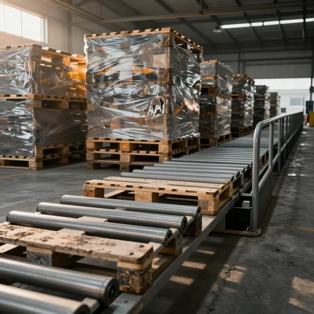 Macro of pallets, conveyor rollers, and raw stock settling in a factory receiving lane.