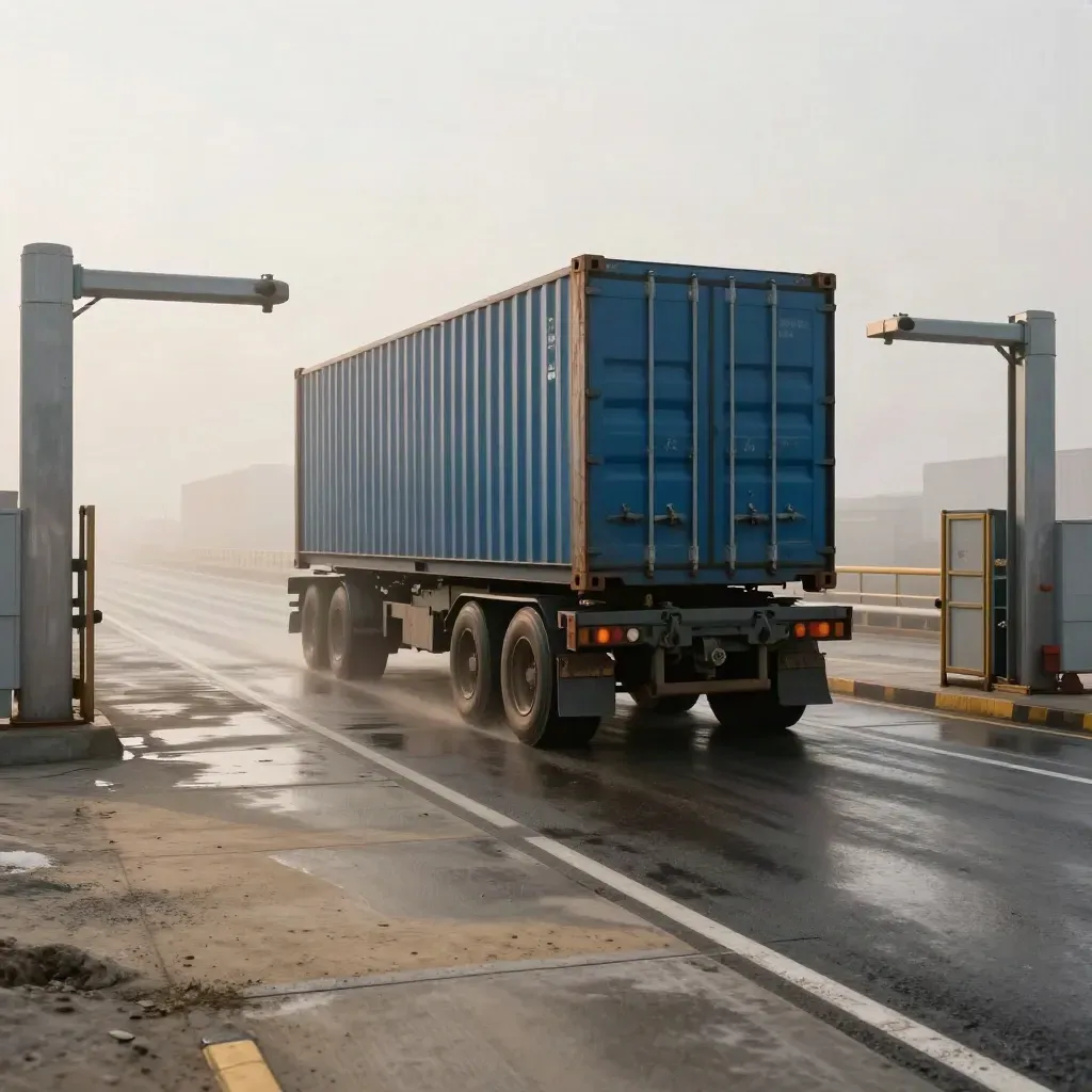 Container on a chassis rolling out through a foggy port gate at dawn