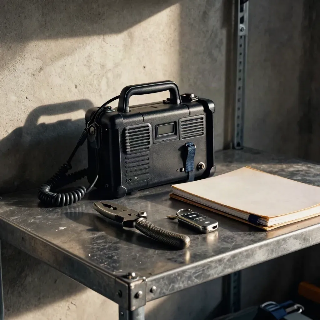 Dispatch kit with radio cradle, seal pliers, key fob, and route binder on a steel shelf.