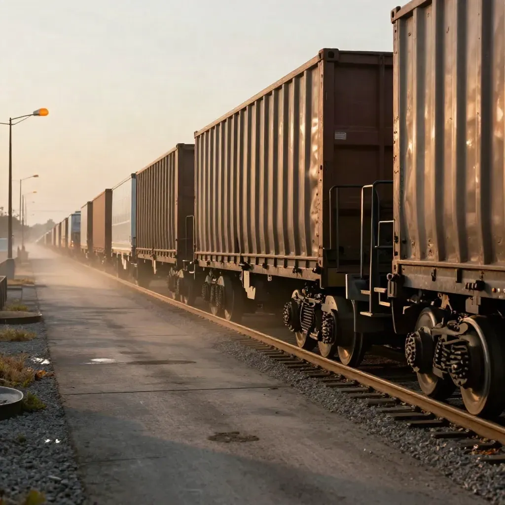 Loaded freight chassis packed nose-to-tail in a hazy yard lane, lit by a low amber lamp.