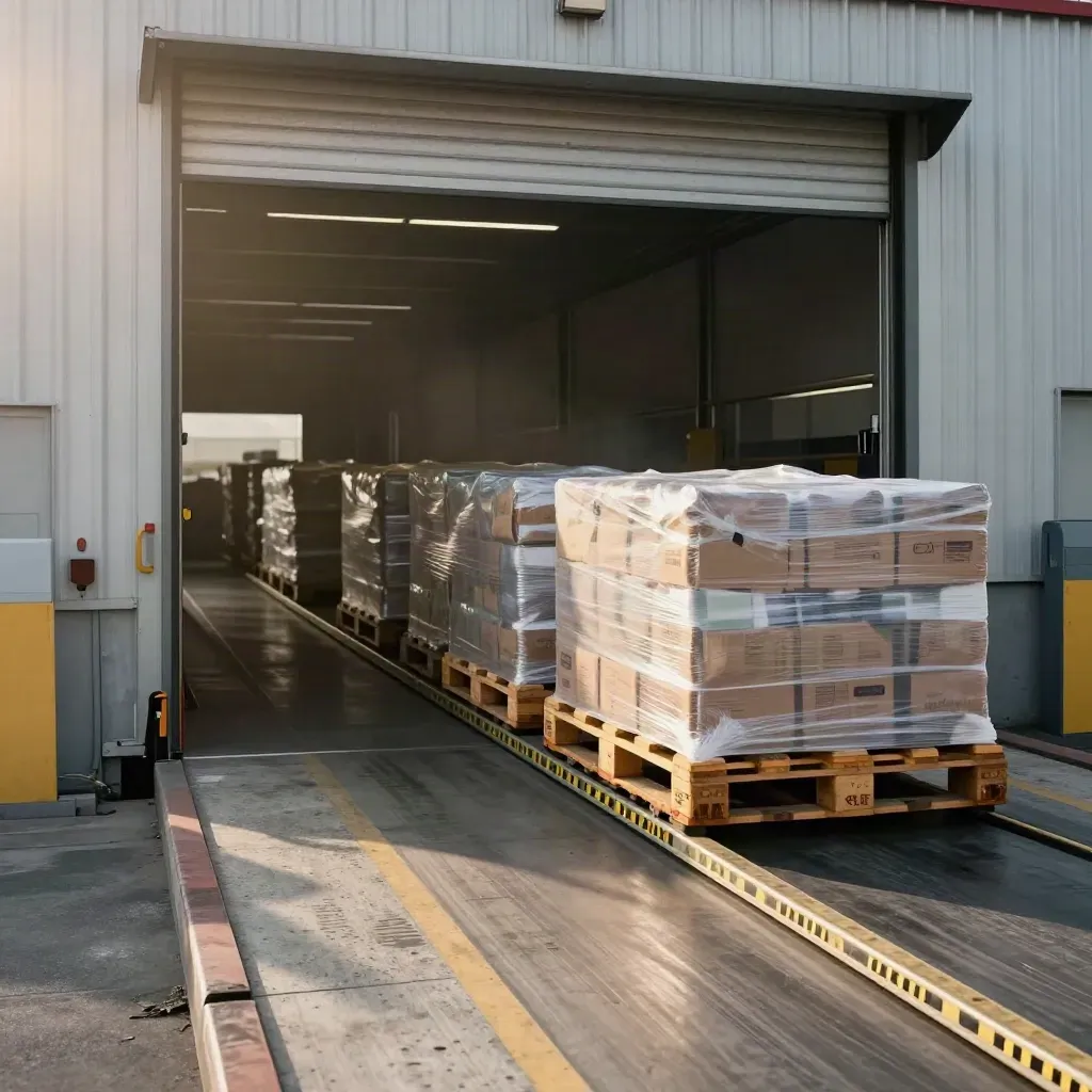 Freight warehouse dock doors send inbound pallets onto outbound roller beds in a hazy transfer lane.