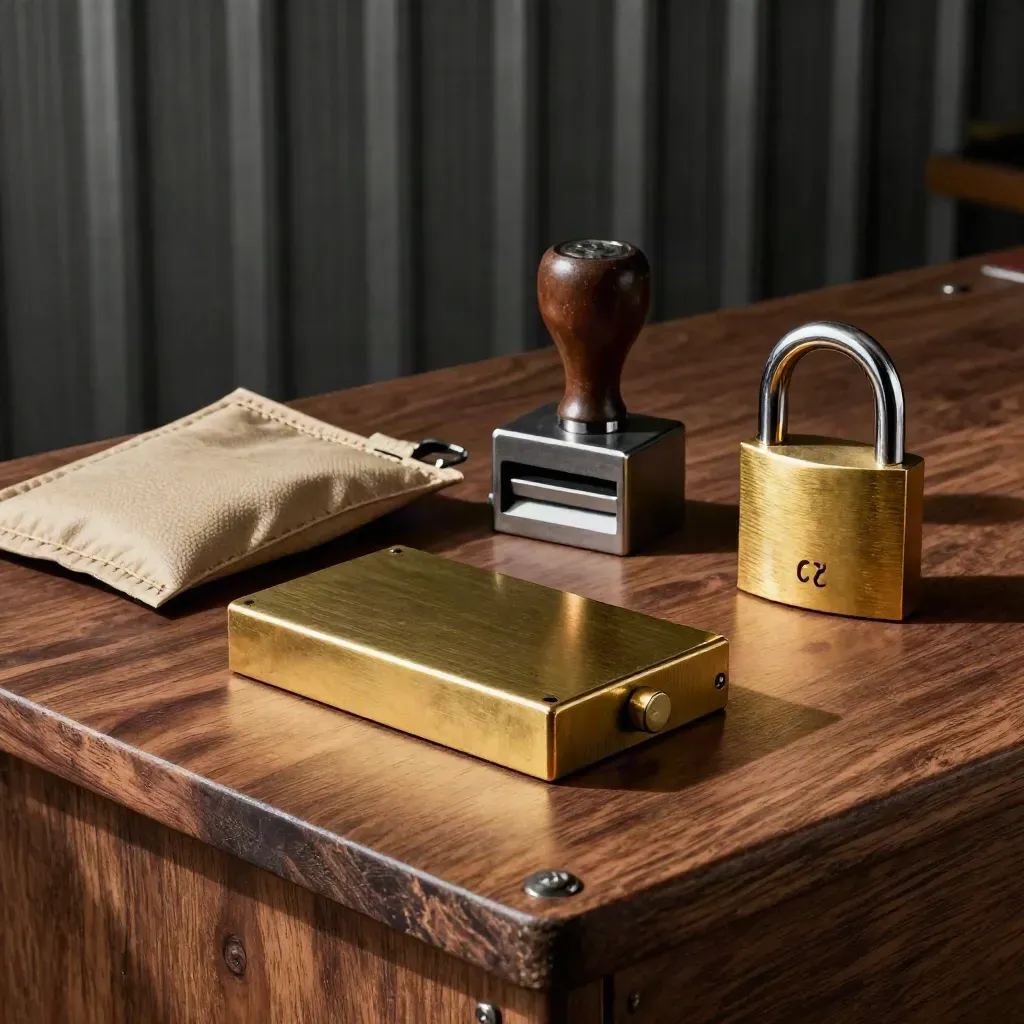 Brass seal press, inspection block, pouch and padlock on a freight bench.