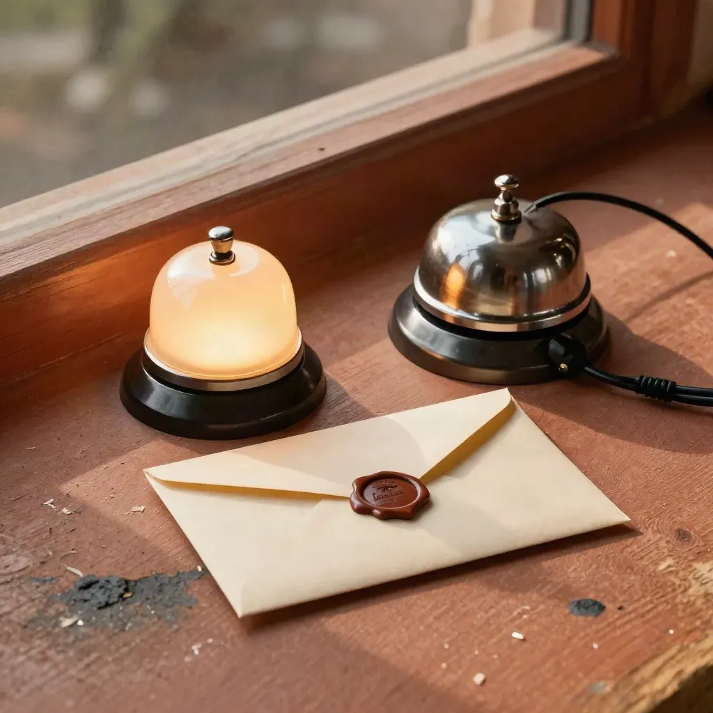 Overhead freight client-success still life with beacon, dock bell, headset cradle, and sealed envelope.