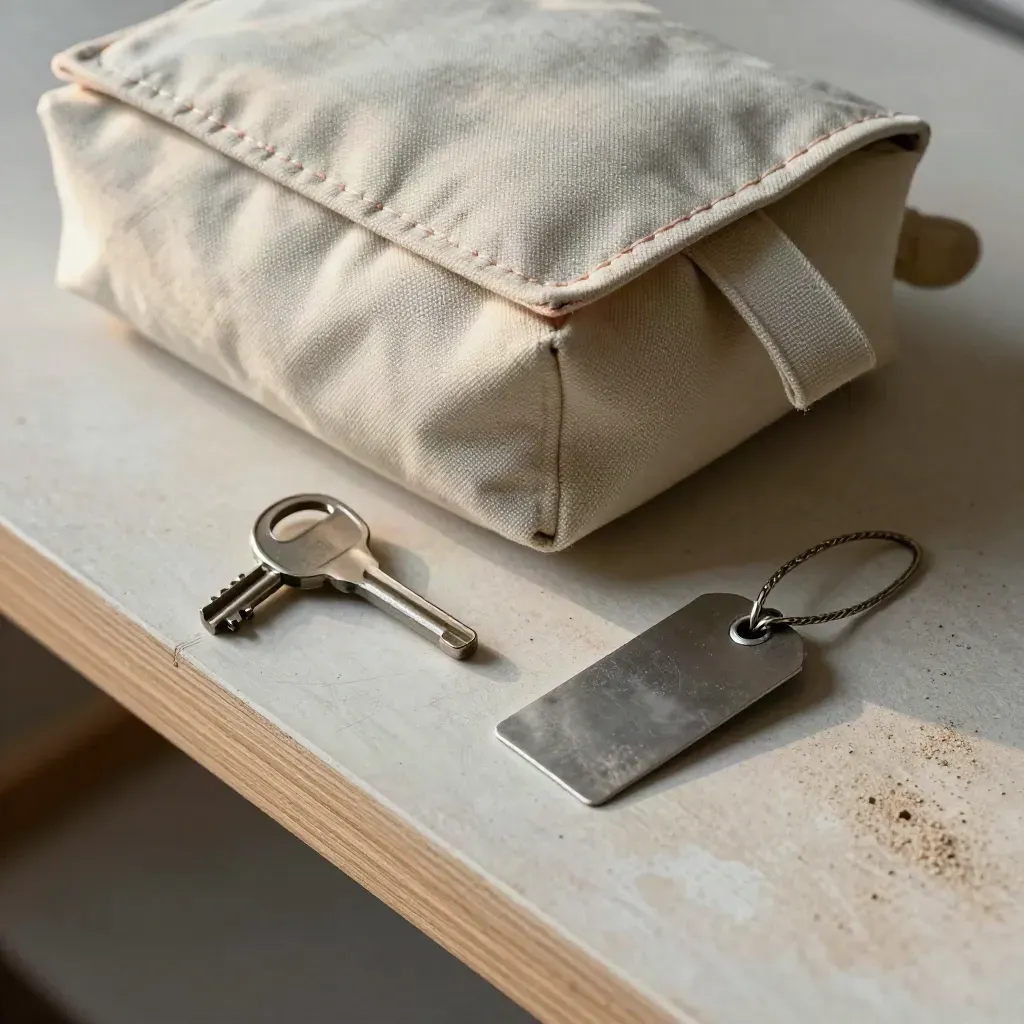 Cargo pouch, dock key, and pallet tag on a plaster workbench in soft side light.