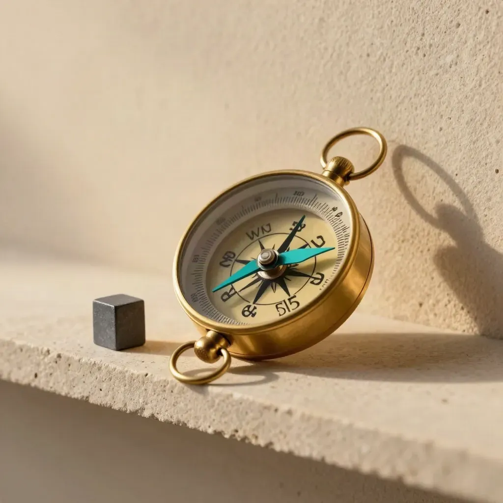 Brass route compass, two teal freight markers, and a load block on a stone shelf.