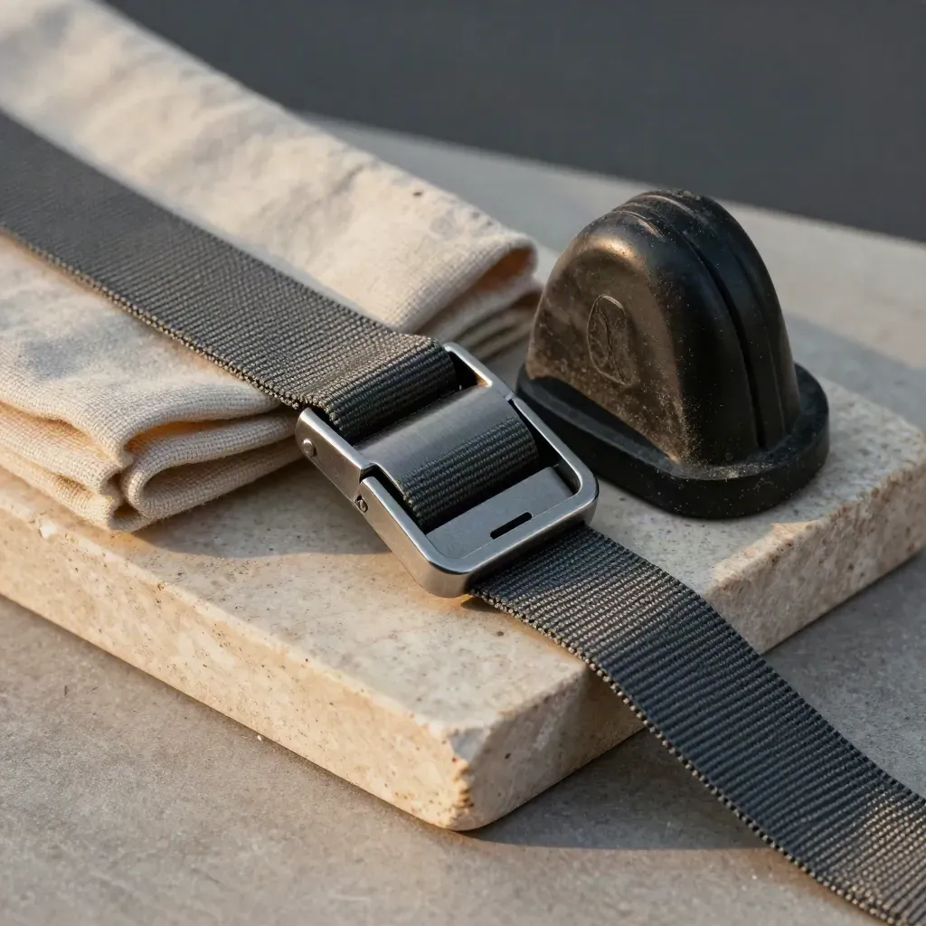 Cargo strap cinched around a pallet edge with corner board and dock bumper on limestone.