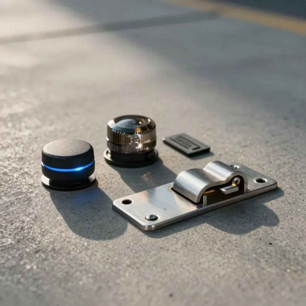 Cargo tracker puck glows beside a trailer marker light and sealed lane tag on steel.