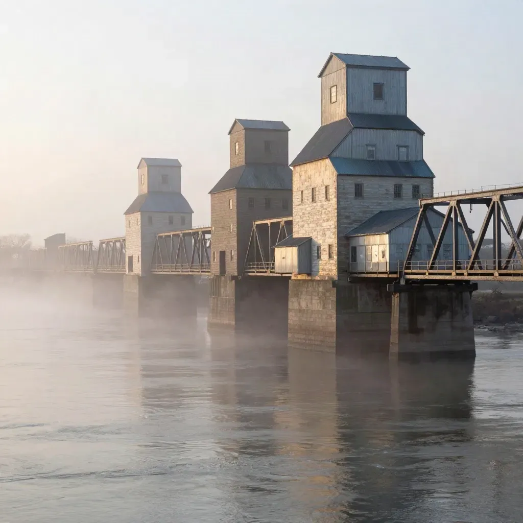 Foggy Midwestern riverfront with truss bridges, grain elevators, and still silver water at dawn