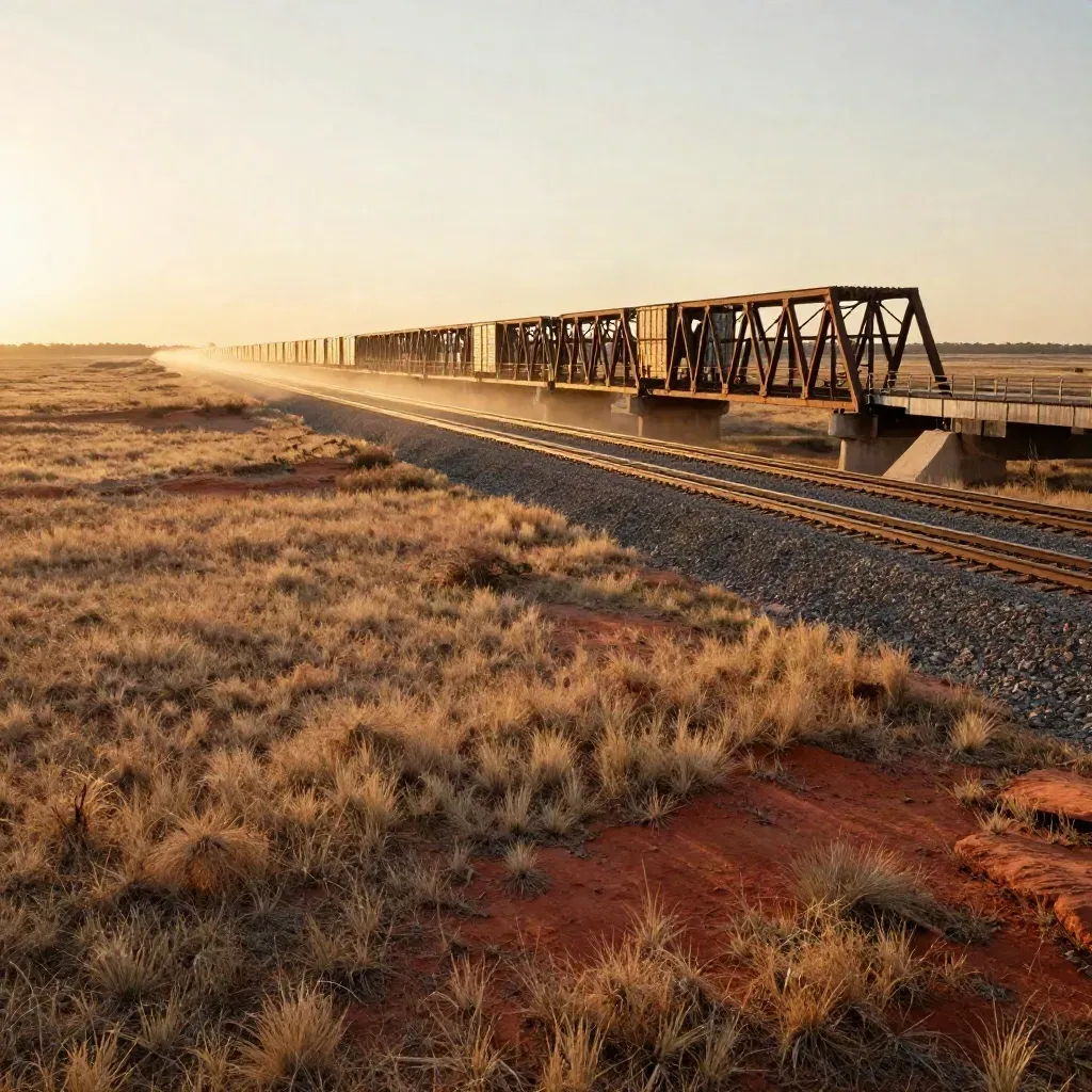 Texas rail bridge over red-earth plains beneath a golden storm shelf at sunset.