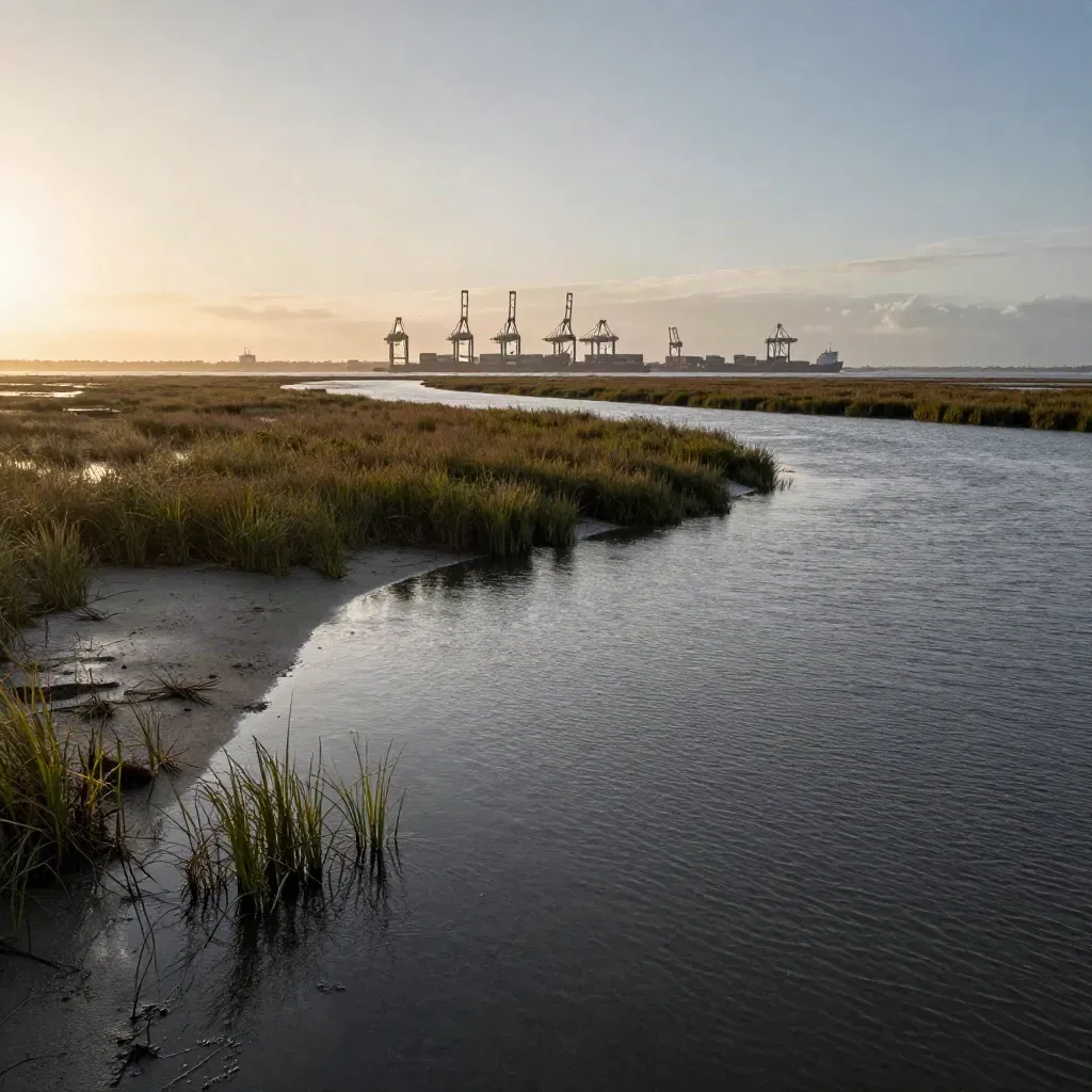 Gulf Coast ship channel with marsh grass, distant cranes, and calm dark water at sunset.