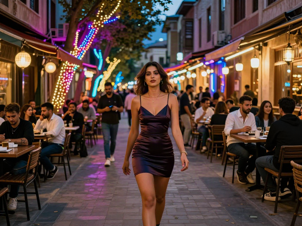Diyarbakır escort tarzında şık bir elbise giymiş kadın, hareketli sokakta yürüyerek gece hayatını yansıtıyor.