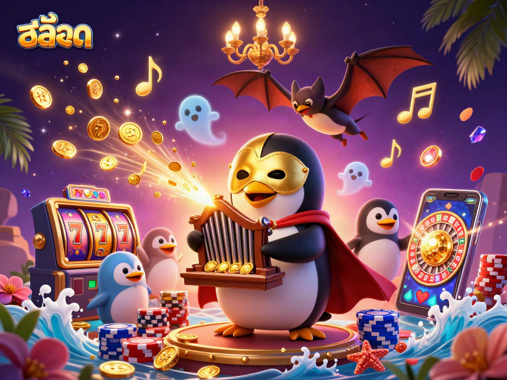 Experience the thrill of สล็อต with a whimsical 3D scene of a penguin organist and golden coins.