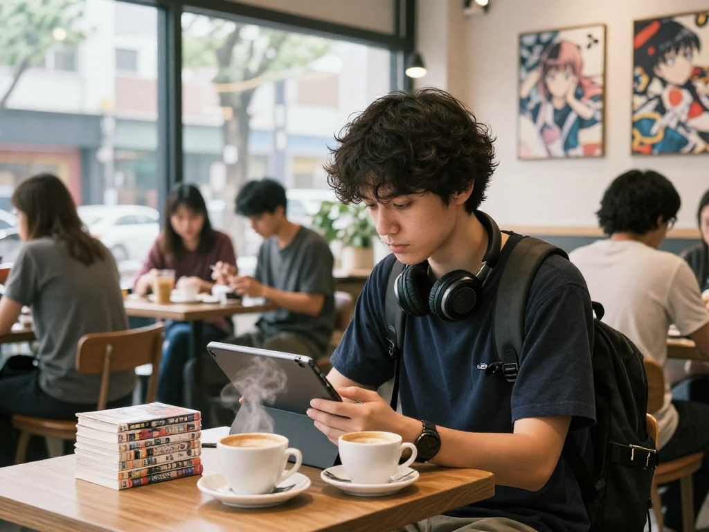 Engaged reader exploring Hitomi Manga Raw Online at a café with manga volumes and coffee.