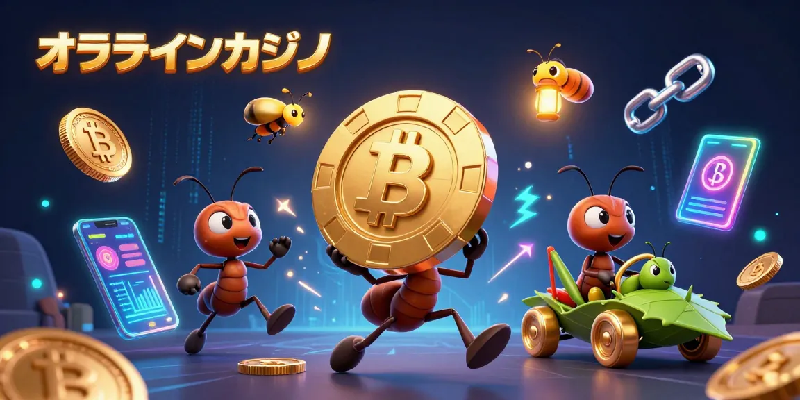 オンラインカジノでの大勝利を狙うアリたちがチップを運ぶ画像