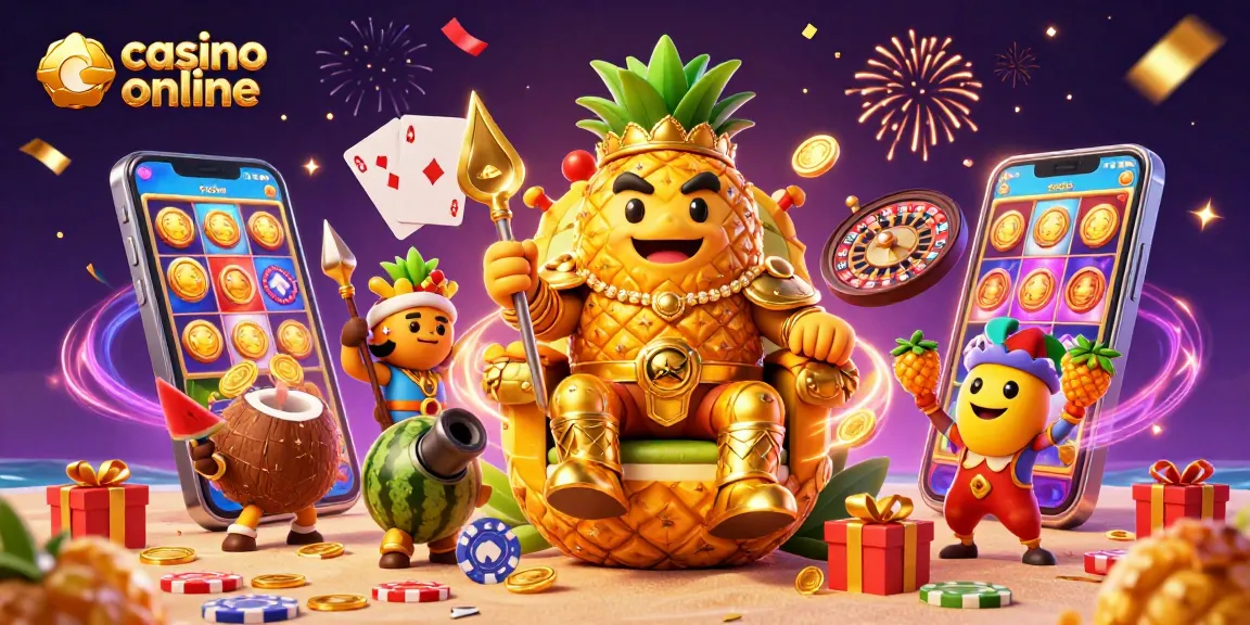 Jucând la casino online cu simboluri de fructe și câteva personaje amuzante pe un fundal vibrant.