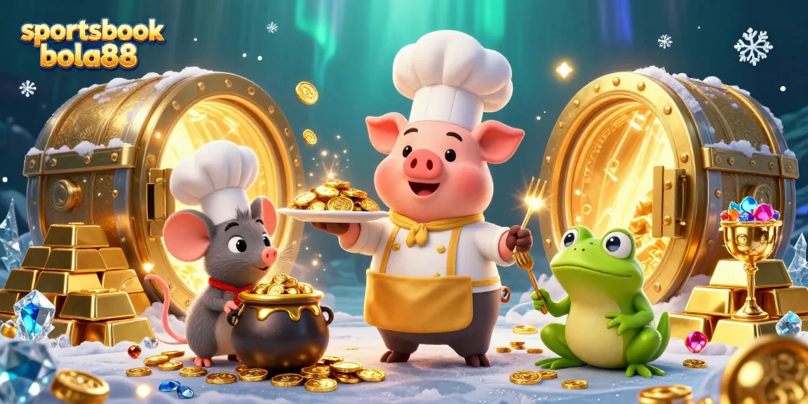 Experience the excitement of sportsbook bola88 with a vibrant scene featuring a chef pig serving gold coins, a tasting mouse, and a critic frog.