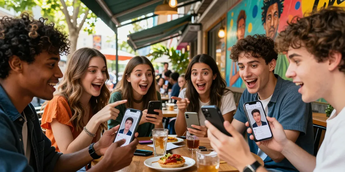 People enjoying a fun outdoor café moment discovering their celebrity look alikes using the celebrity i look like app.
