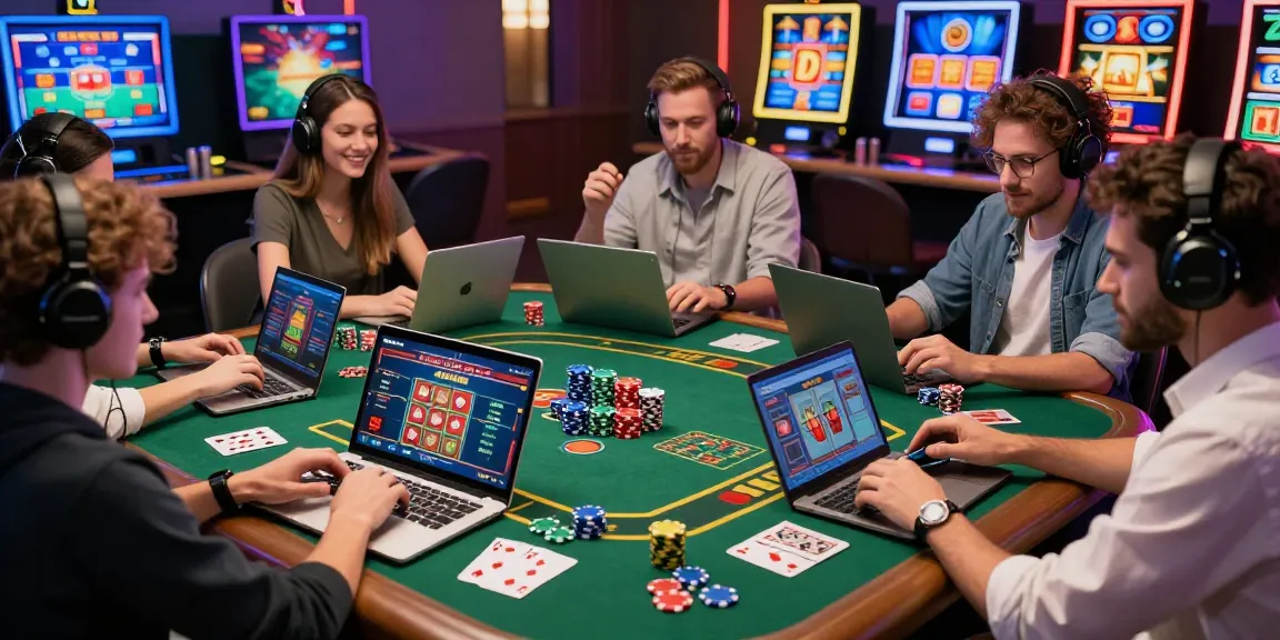 Scène engageante de joueurs profitant des jeux de casino en ligne avec des accessoires vibrants et un éclairage dynamique.