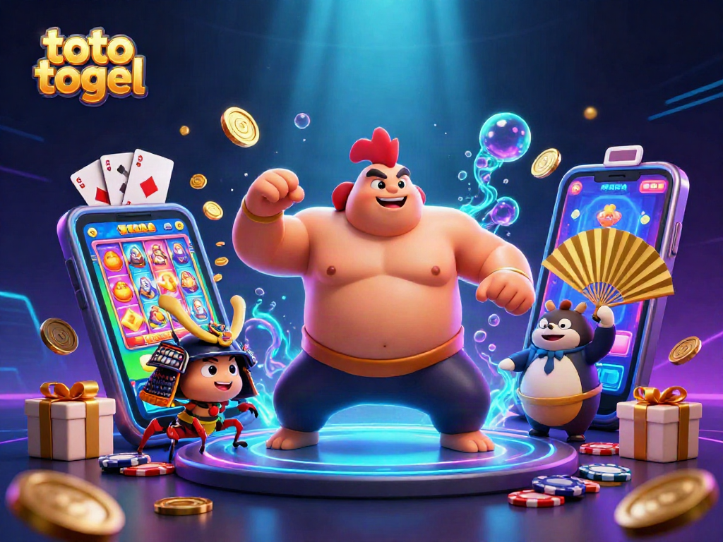 Engage with the thrilling toto togel experience through dynamic gambling scene featuring sumo wrestler and samurai cricket.