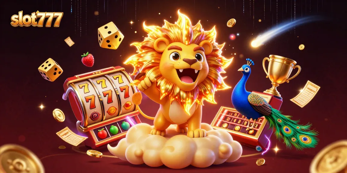 Experience thrilling slot777 action with a triumphant lion and animated gambling elements.