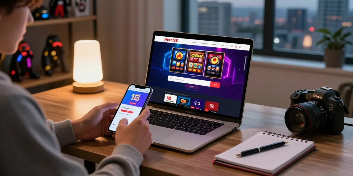 User accessing the link hero138 on a sleek laptop at home, showcasing a vibrant gaming interface for slots and sports betting.