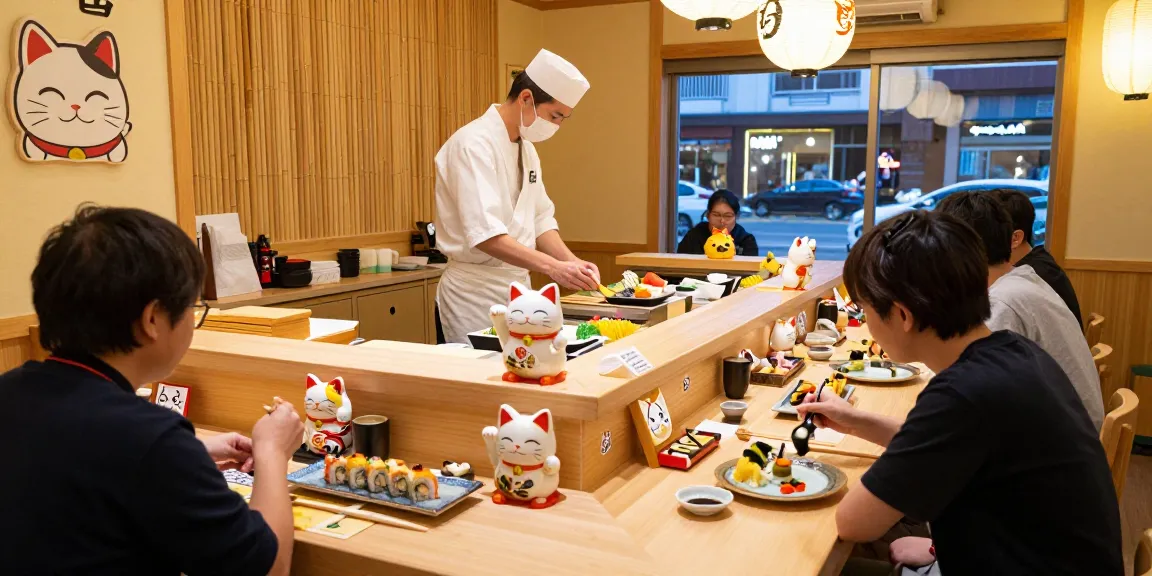 Lucky Neko-themed dining scene at sushi restaurant with vibrant sushi platters and cozy atmosphere.