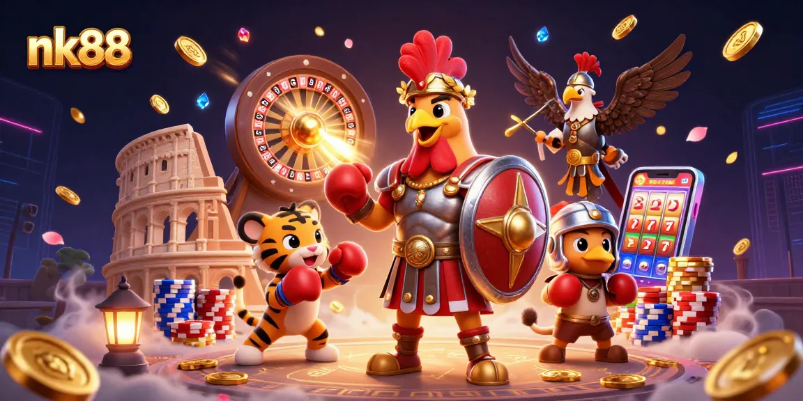 Nk88 players win big with cascading coins and dynamic 3D characters in an exciting online casino scene.