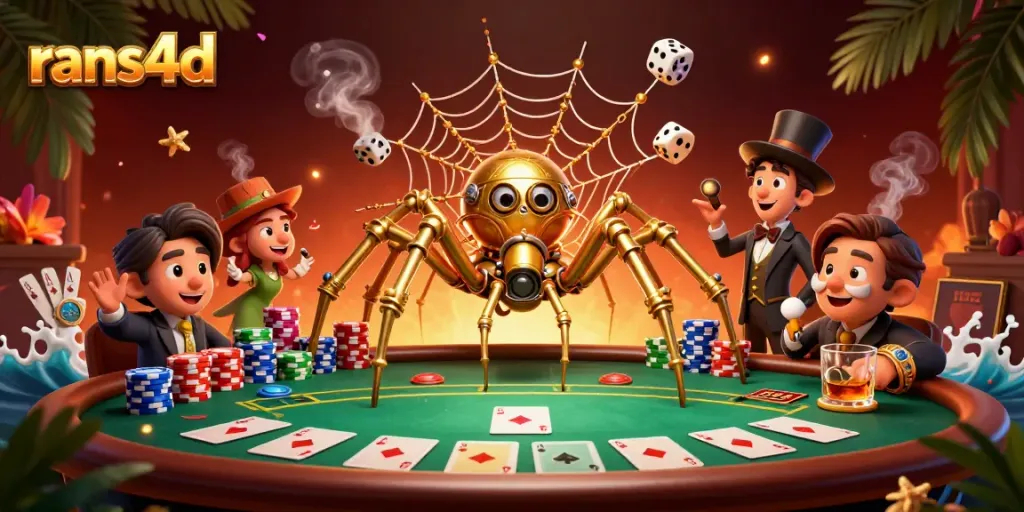 RANS4D, ilustrasi steampunk bermain poker, menampilkan laba-laba emas dan dadu yang tertangkap, suasana kasino yang meriah.