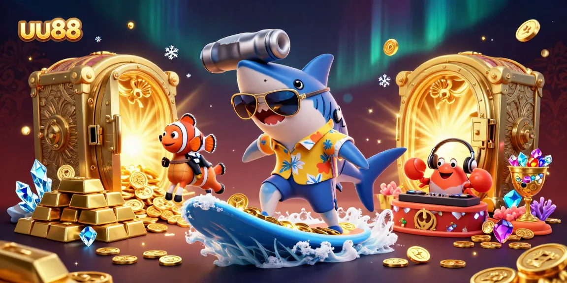 Win big with uu88 as a shark surfs on gold coins amidst vibrant casino treasures.