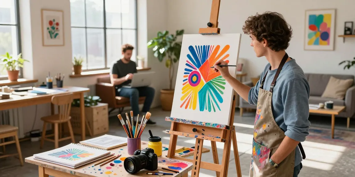 Poster printing process in a colorful art studio with an artist painting a custom design.