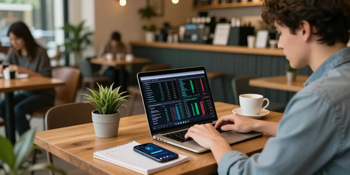 Funexchange user engaging in crypto trading at a coffee shop with digital wallet and blockchain charts.