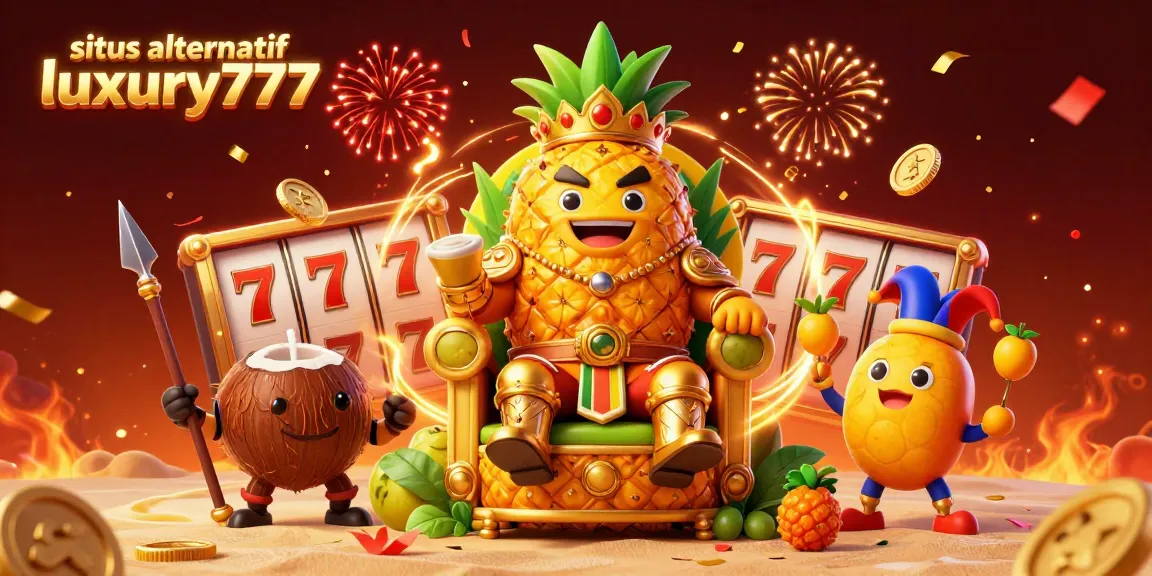 Swing into excitement with situs alternatif luxury777, featuring a vibrant 3D pineapple king and slot machines celebrating on a beach casino.