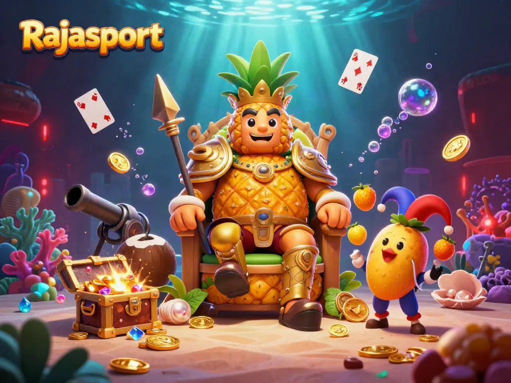 Rajasport menyajikan keseruan permainan kasino dengan karakter raja nanas dan pengawal kelapa dalam suasana pantai.