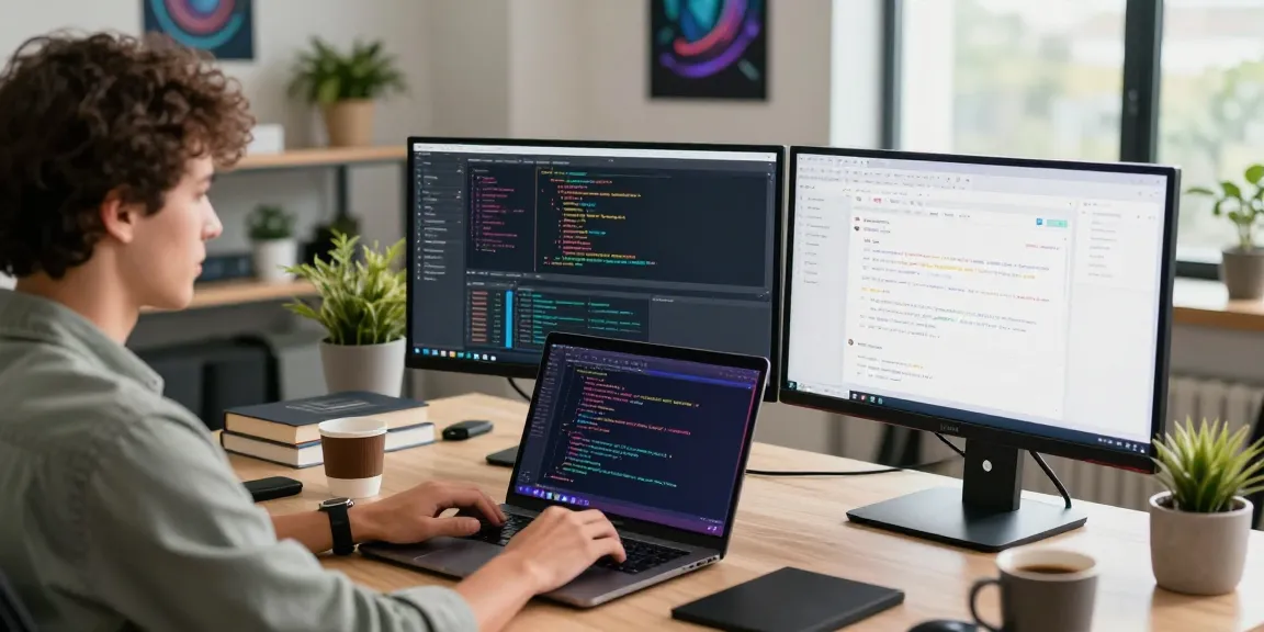 Developer coding at a modern workspace showcasing features of teiegramin.com with colorful interfaces and collaborative tools.